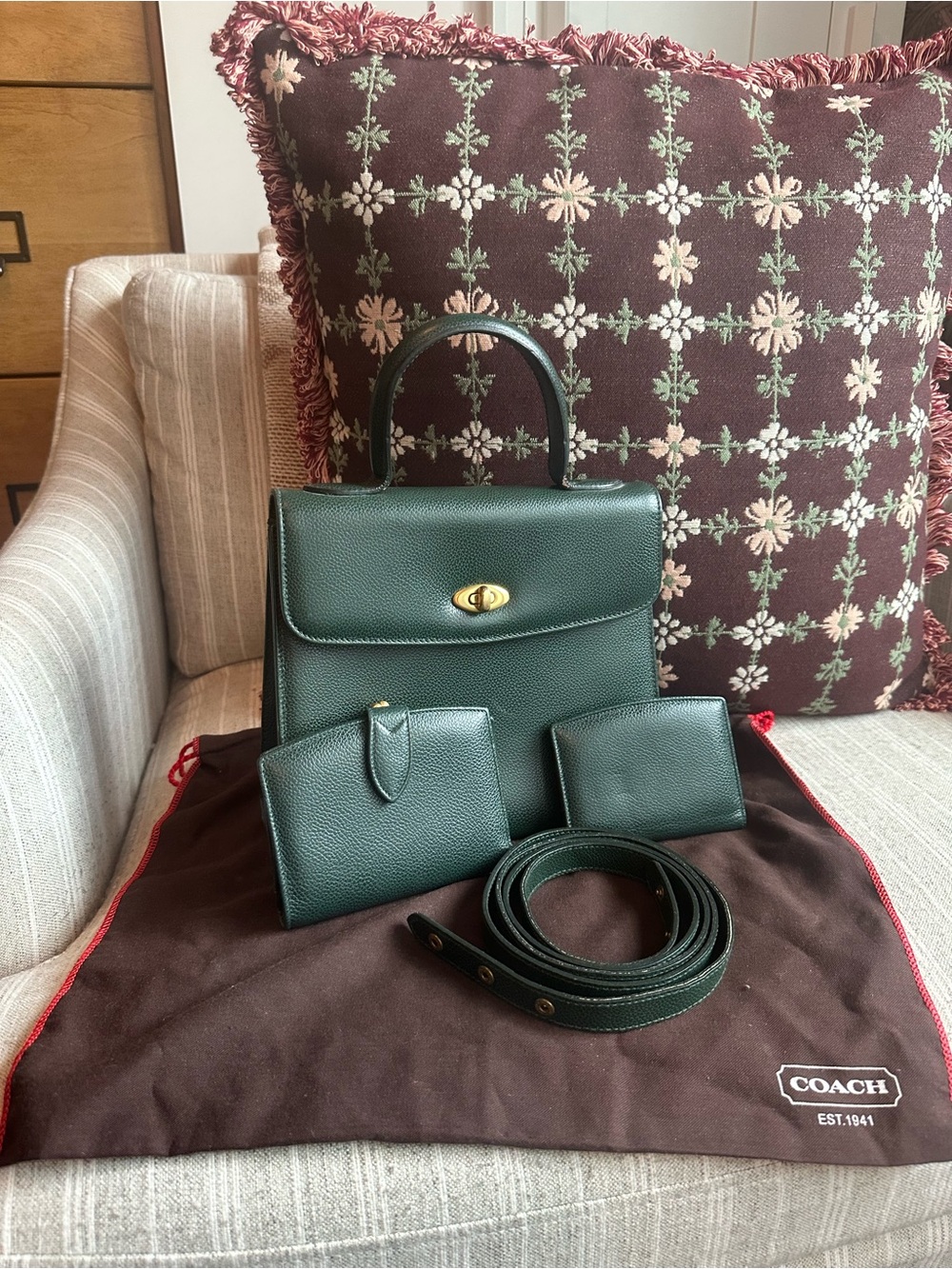 Vintage 90s Coach Madison Biltmore 4417 in Green w/Strap, Wallet, Card Case